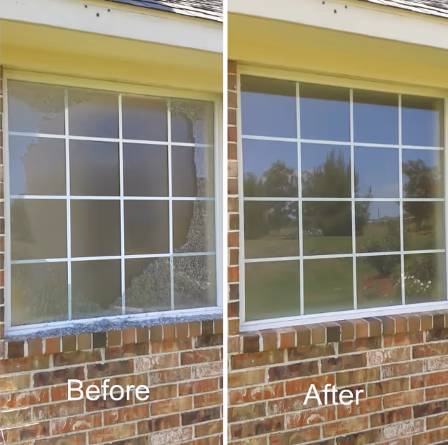 Before and after of a shattered residential window replaced with clear glass