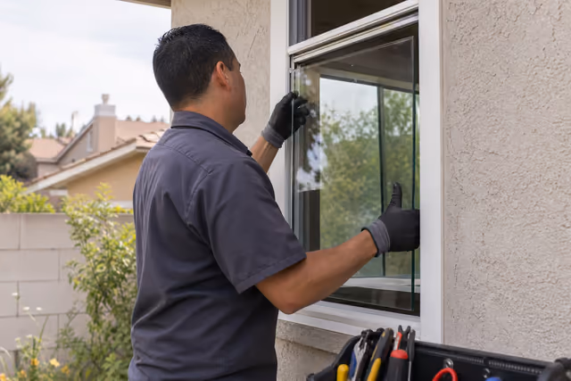 Glass technician on a residential service call for Precision Glass & Mirror Inc. in Riverside, California